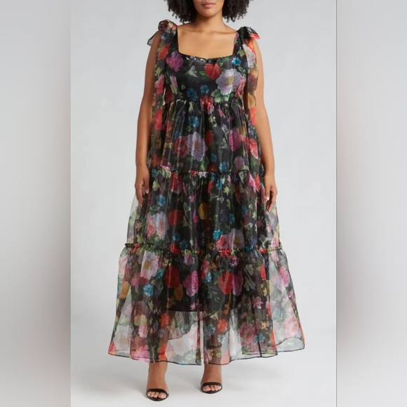 NWT Sz 3x Chelsea28 Black Floral Bow Shoulder Maxi Dress - Picture 4 of 12